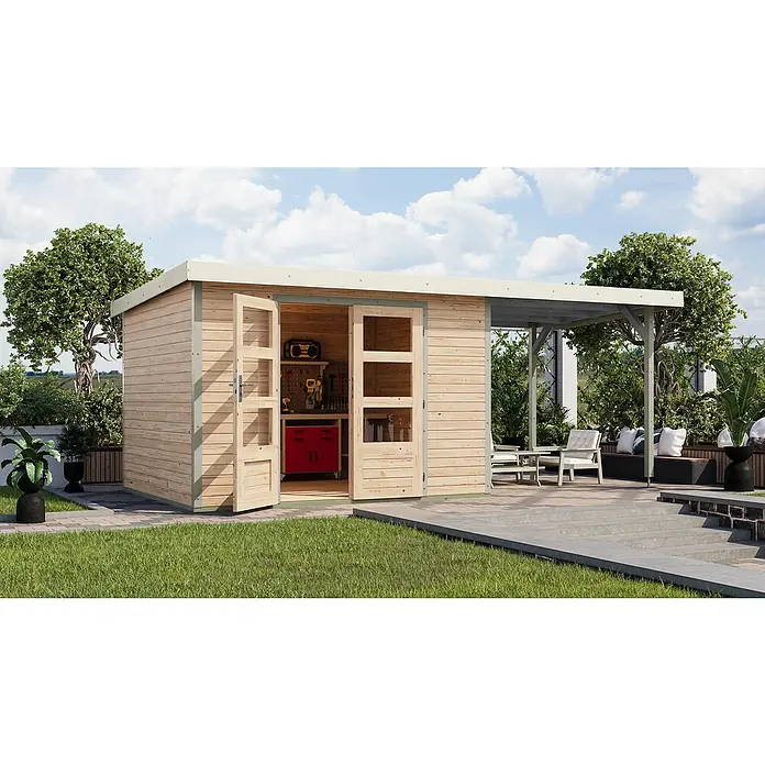 Karibu Gartenhaus Jupiter 5 A - Außenmaß inkl. Dachüberstand (B x T): 541,5 x 266,5 cm, Holz, Naturbelassen/Weiß, Mit Seitendach - Helles Holzgartenhaus mit Doppeltür und Anbau, ideal für Werkstatt oder Hobbyraum im Garten, umgeben von Grünfläche.