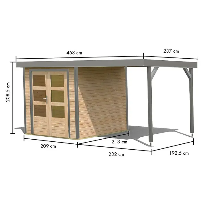 Karibu Gartenhaus Jupiter 2 A - Außenmaß inkl. Dachüberstand (B x T): 453 x 235 cm, Holz, Naturbelassen/Grau - Holz-Gartenschuppen mit integriertem grauem Carport, ideal für Lagerung und Unterstand.