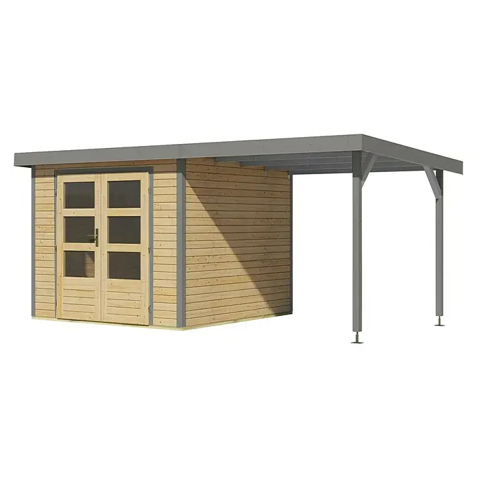 Karibu Gartenhaus Jupiter 3,5 A - Außenmaß inkl. Dachüberstand (B x T): 486,5 x 266,5 cm, Holz, Naturbelassen/Grau, Mit Seitendach - Ein modernes Gartenhaus mit angebautem Carport. Das Haus ist aus Holz gefertigt, während der Carport über eine stabile Stahlkonstruktion verfügt.