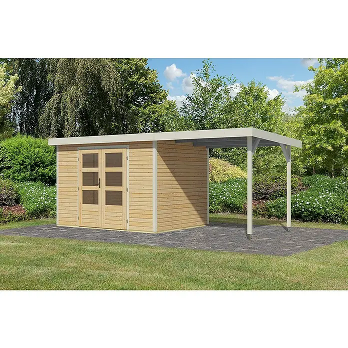 Karibu Gartenhaus Jupiter 4 A - Außenmaß inkl. Dachüberstand (B x T): 541,5 x 236,5 cm, Holz, Naturbelassen/Weiß, Mit Seitendach - Holzgartenhaus mit Doppeltür und Überdachung im Garten. Das Gartenhaus bietet zusätzlichen Stauraum und Schutz vor Wettereinflüssen.