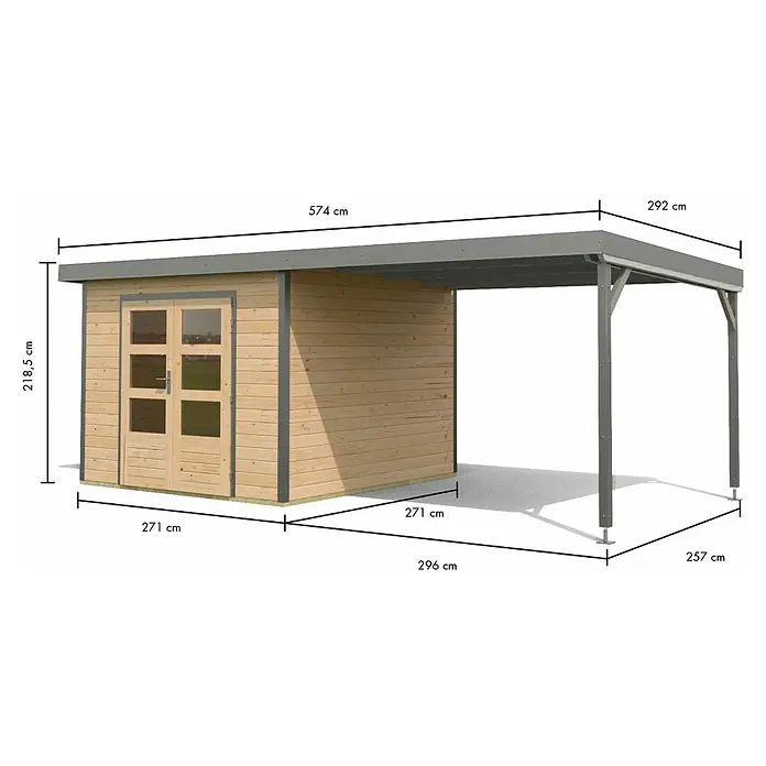 Karibu Gartenhaus Pluto 6 A - Außenmaß inkl. Dachüberstand (B x T): 595,5 x 292,4 cm, Holz, Naturbelassen/Grau - Hölzernes Gartenhaus mit angebautem grauen Carport, ausgestattet mit Doppeltür und Flachdach.