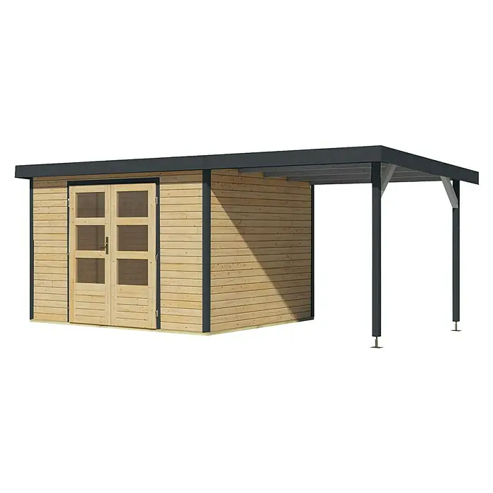 Karibu Gartenhaus Jupiter 5 A - Außenmaß inkl. Dachüberstand (B x T): 541,5 x 266,5 cm, Holz, Naturbelassen/Anthrazit, Mit Seitendach - Abbildung eines modernen Gartenhauses mit überdachter Veranda. Das Haus hat eine Holzwand und eine Doppeltür mit Glasfenstern.