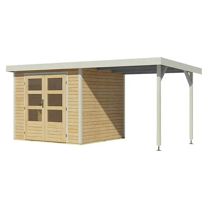 Karibu Gartenhaus Jupiter 3 A - Außenmaß inkl. Dachüberstand (B x T): 486,5 x 236,5 cm, Holz, Naturbelassen/Weiß - Holzgartenhaus mit Doppeltür und Anbau, ideal für Garten und Freizeit, bietet zusätzlichen Stauraum und Wetterschutz.