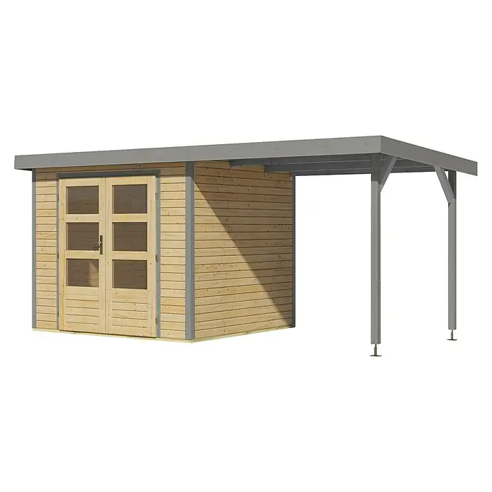 Karibu Gartenhaus Jupiter 3 A - Außenmaß inkl. Dachüberstand (B x T): 486,5 x 236,5 cm, Holz, Naturbelassen/Grau - Ein Holzgartenhaus mit Doppeltür und grauem Vordach. Ideal für Gartenutensilien.