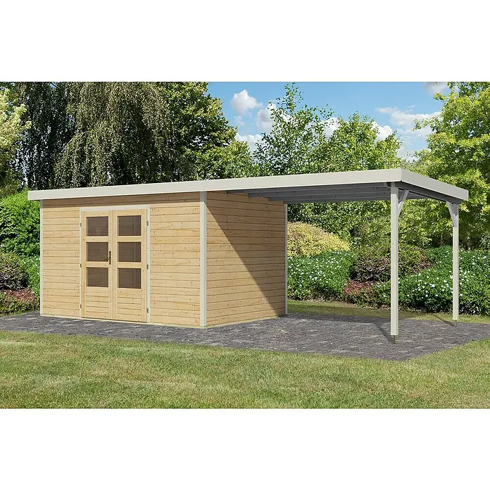 Karibu Gartenhaus Pluto 7 A - Außenmaß inkl. Dachüberstand (B x T): 692,5 x 273 cm, Holz, Naturbelassen/Weiß - Abbildung eines Holzgartenhauses mit angebautem Carport. Ideal für Gartenarbeit und als Unterstand für Gartengeräte oder Fahrräder.