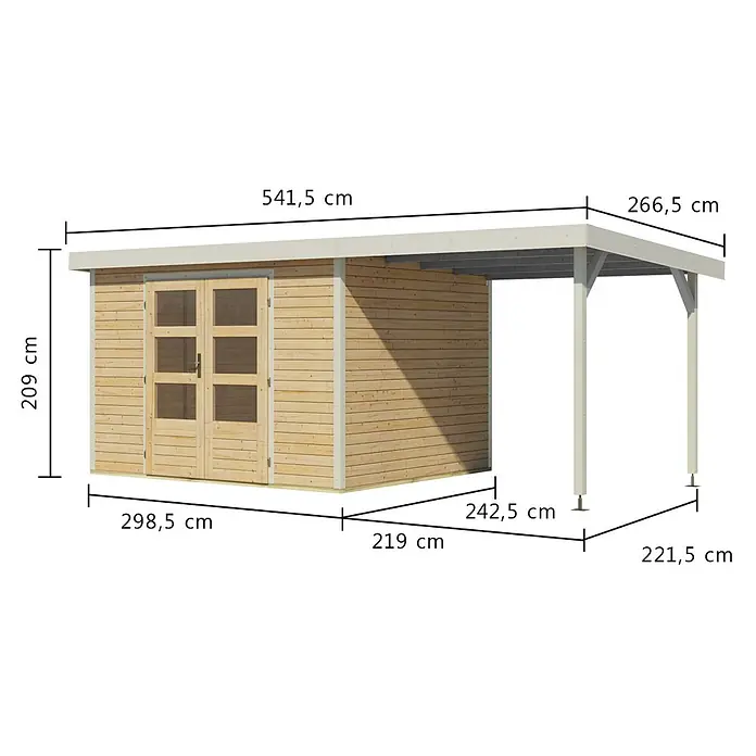 Karibu Gartenhaus Jupiter 5 A - Außenmaß inkl. Dachüberstand (B x T): 541,5 x 266,5 cm, Holz, Naturbelassen/Weiß, Mit Seitendach - Gartenhaus aus Holz mit angebauter heller Überdachung und Doppeltüren mit Glasfeldern.