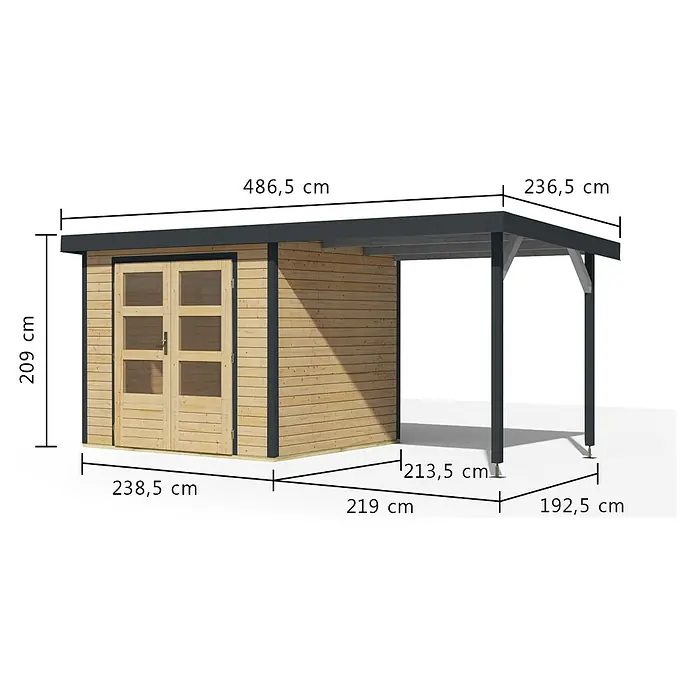 Karibu Gartenhaus Jupiter 3 A - Außenmaß inkl. Dachüberstand (B x T): 486,5 x 236,5 cm, Holz, Naturbelassen/Anthrazit - Gartenschuppen aus Holz mit angebautem, dunkelgrauem Carport, inklusive Maßen.