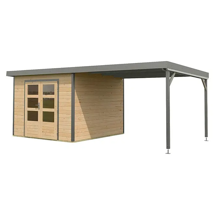 Karibu Gartenhaus Pluto 6 A - Außenmaß inkl. Dachüberstand (B x T): 595,5 x 292,4 cm, Holz, Naturbelassen/Grau - Holzgartenhaus mit Anbau, ideal für Gartenarbeit und Entspannung. Praktischer Stauraum und überdachter Bereich für vielseitige Nutzung im Freien.