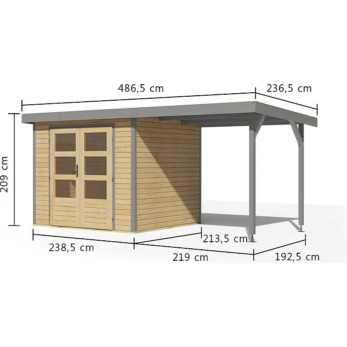 Karibu Gartenhaus Jupiter 3 A - Außenmaß inkl. Dachüberstand (B x T): 486,5 x 236,5 cm, Holz, Naturbelassen/Grau - Gartenhaus aus Holz mit angebautem grauem Carport, inklusive Maßen für verschiedene Bereiche.