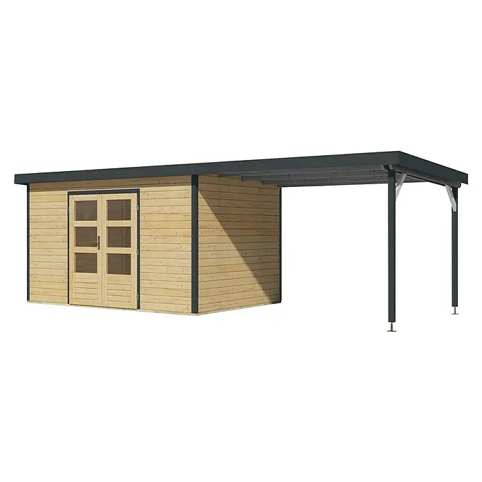 Karibu Gartenhaus Pluto 7 A - Außenmaß inkl. Dachüberstand (B x T): 692,5 x 273 cm, Holz, Naturbelassen/Anthrazit - Gartenhaus mit Anbau: Das perfekte Gartenhaus mit einem zusätzlichen Anbau für mehr Platz und Komfort im Garten.