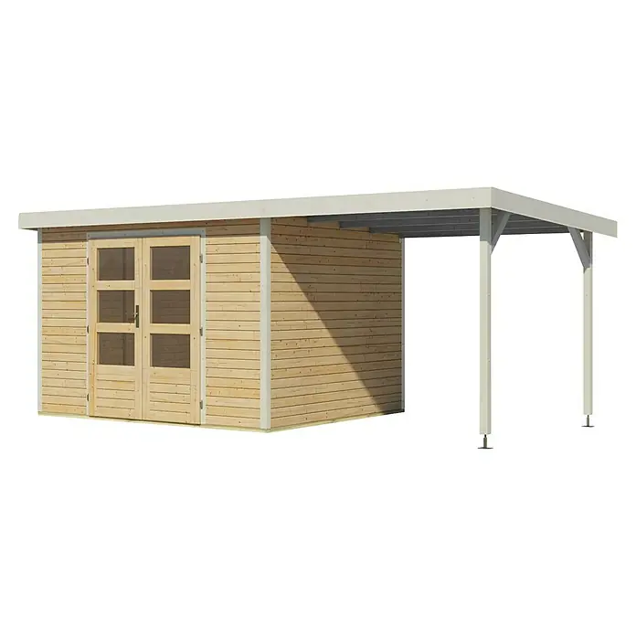 Karibu Gartenhaus Jupiter 5 A - Außenmaß inkl. Dachüberstand (B x T): 541,5 x 266,5 cm, Holz, Naturbelassen/Weiß, Mit Seitendach - Abbildung eines Holzgartenhauses mit Doppeltür und Anbau, ideal für Gartenliebhaber, die zusätzlichen Stauraum oder einen Unterstand suchen.