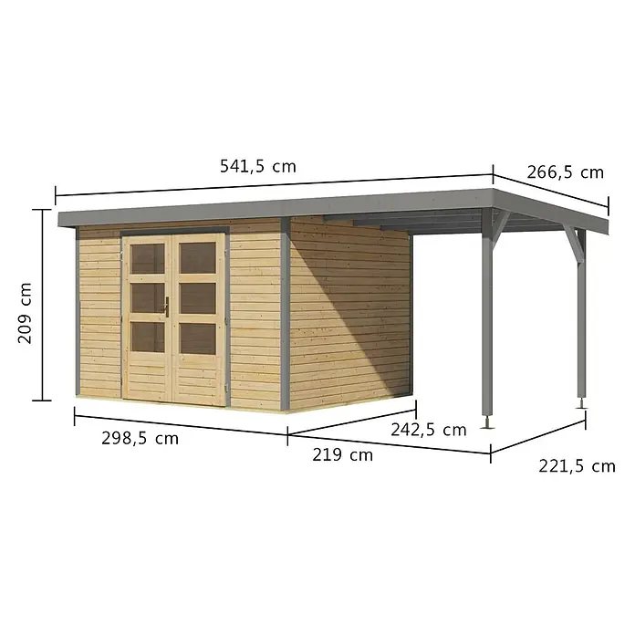 Karibu Gartenhaus Jupiter 5 A - Außenmaß inkl. Dachüberstand (B x T): 541,5 x 266,5 cm, Holz, Naturbelassen/Grau, Mit Seitendach - Gartenhaus aus Holz mit grauem Dach und integriertem Carport, inklusive Maßen.