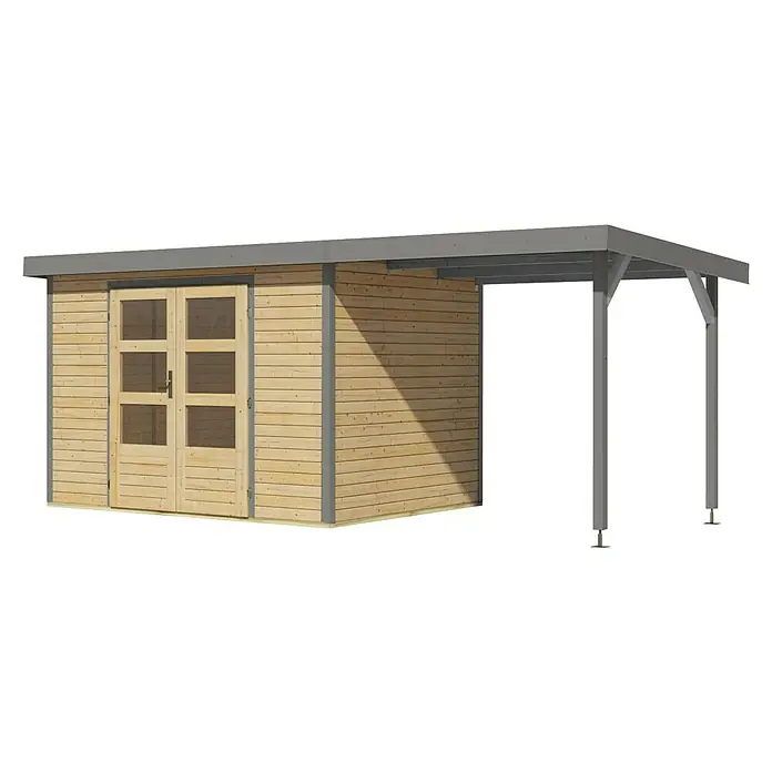 Karibu Gartenhaus Jupiter 4 A - Außenmaß inkl. Dachüberstand (B x T): 541,5 x 236,5 cm, Holz, Naturbelassen/Grau, Mit Seitendach - Abbildung eines modernen Gartenhauses mit Carport. Das Holzhaus hat eine Doppeltür und ein graues Dach.