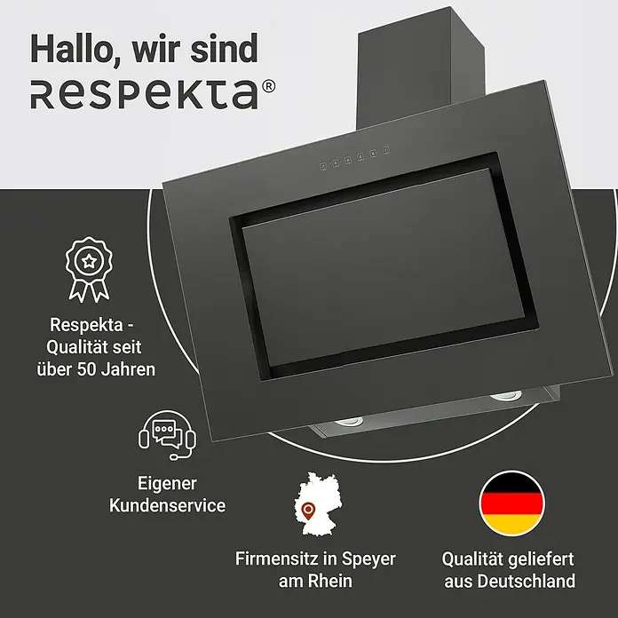 Respekta Schräghaube Nele - Breite: 90 cm, Max. Gebläseleistung Abluftbetrieb: 502,6 m³/h, Blacksteel - Respekta Dunstabzugshaube mit modernem Design. Hochwertige Materialien und effiziente Leistung für eine saubere Küche.