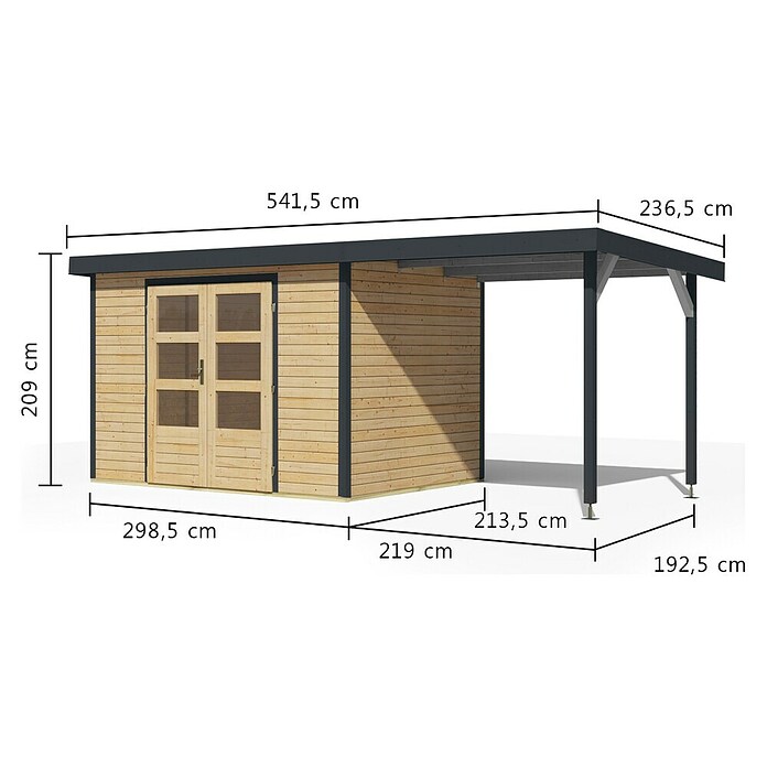 Karibu Gartenhaus Jupiter 4 A (Außenmaß inkl. Dachüberstand (B x T): 541,5 x 236,5 cm, Holz, Naturbelassen/Anthrazit, Mit Seitendach) | BAUHAUS