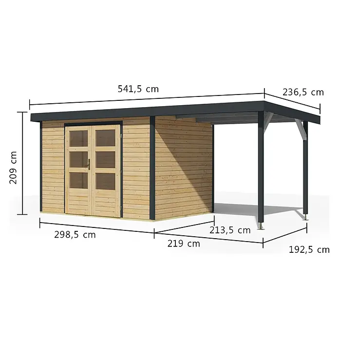Karibu Gartenhaus Jupiter 4 A - Außenmaß inkl. Dachüberstand (B x T): 541,5 x 236,5 cm, Holz, Naturbelassen/Anthrazit, Mit Seitendach - Holzgartenhaus mit integriertem dunkelgrauem Carport, das verschiedene Maße zeigt.