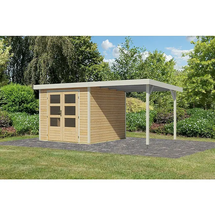 Karibu Gartenhaus Jupiter 3,5 A - Außenmaß inkl. Dachüberstand (B x T): 486,5 x 266,5 cm, Holz, Naturbelassen/Weiß, Mit Seitendach - Holzgartenhaus mit Überdachung auf einer gepflasterten Fläche im Garten. Ideal für Gartengeräte oder als Unterstand.