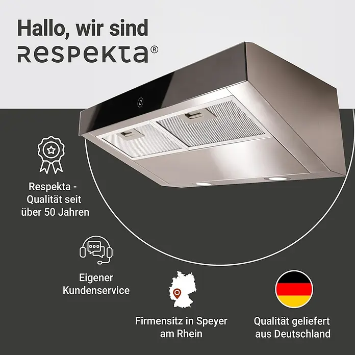 Respekta Unterbauhaube Sanja - Breite: 59,8 cm, Max. Gebläseleistung Abluftbetrieb: 406 m³/h, Edelstahl - Produktbild der Respekta Dunstabzugshaube, die seit über 50 Jahren Qualität liefert. Firmensitz in Speyer am Rhein, Qualität aus Deutschland.
