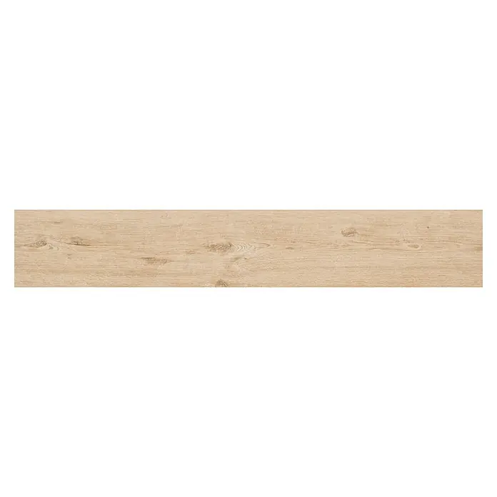 Atlas Concorde Solution Feinsteinzeugfliese Kortex Golden - 20 x 120 cm, Hellbraun, Matt - Bild eines einzelnen, hellbraunen Laminatbodenbretts mit deutlicher Holzstruktur und Astlöchern.