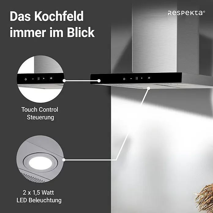 Respekta Blockhaube CH44160G-20 - Breite: 60 cm, Edelstahl - Das Bild zeigt eine Dunstabzugshaube mit Touch Control Steuerung und LED-Beleuchtung.