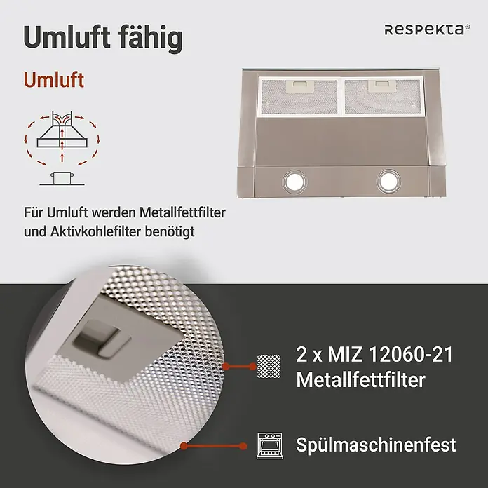 Respekta Unterbauhaube Sanja - Breite: 59,8 cm, Max. Gebläseleistung Abluftbetrieb: 406 m³/h, Edelstahl - Abbildung einer Respekta Dunstabzugshaube mit Hinweisen auf Umluftbetrieb, benötigte Filter und Spülmaschinenfestigkeit.