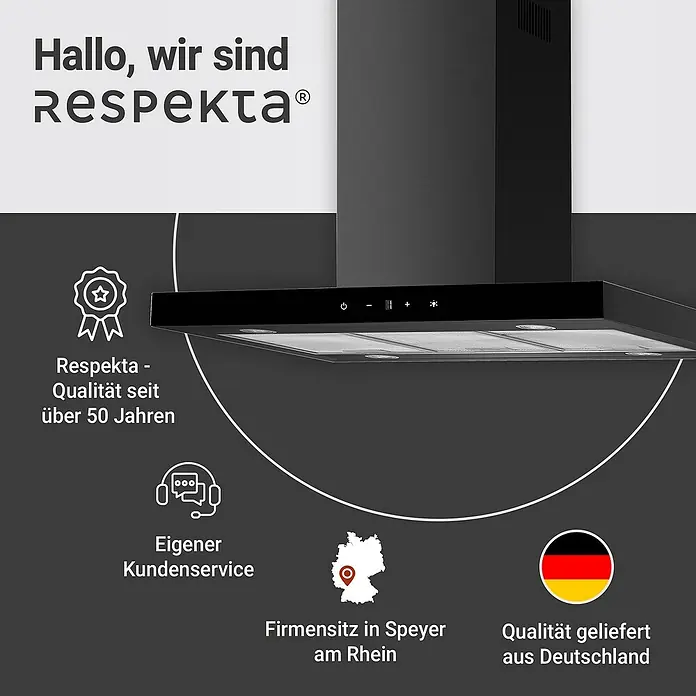Respekta Inselhaube Cara - Breite: 89,5 cm, Max. Gebläseleistung Abluftbetrieb: 561,7 m³/h, Schwarz - Abbildung einer Respekta Dunstabzugshaube mit Qualitätsversprechen und Firmensitz in Deutschland.
