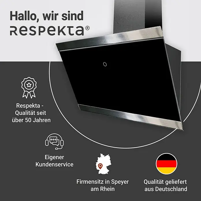 Respekta Schräghaube Skala - Breite: 59,5 cm, Max. Gebläseleistung Abluftbetrieb: 490,6 m³/h, Schwarz/Silber - Abbildung einer Respekta Dunstabzugshaube, die für Qualität und Kundenservice seit über 50 Jahren steht.