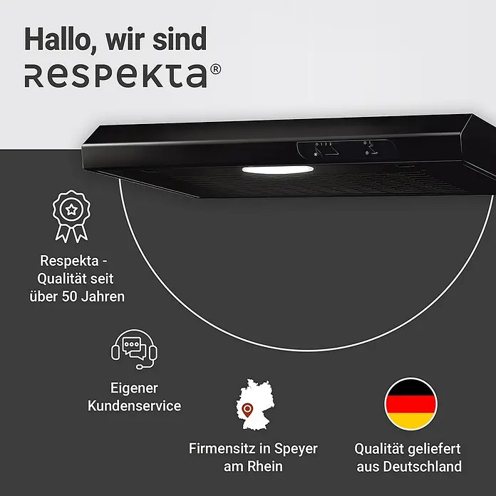 Respekta Unterbauhaube Suna - Breite: 60 cm, Max. Gebläseleistung Abluftbetrieb: 205 m³/h, Schwarz - Respekta Dunstabzugshaube in Schwarz, seit über 50 Jahren Qualität aus Deutschland, mit Kundenservice in Speyer am Rhein.