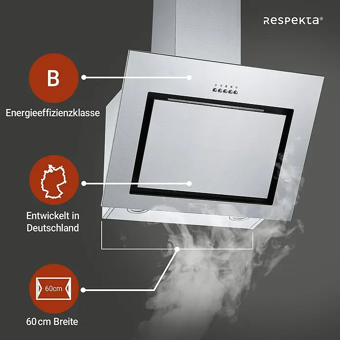 Respekta Schräghaube Numa - Breite: 60 cm, Max. Gebläseleistung Abluftbetrieb: 306,4 m³/h, Edelstahl - RESPEKTA Dunstabzugshaube: Energieeffizienzklasse B, entwickelt in Deutschland, 60 cm breit.