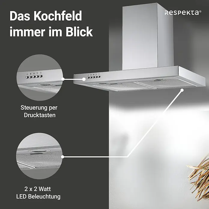 Respekta Blockhaube CH 22098 IXB 60 - Breite: 60 cm, Edelstahl, Max. Gebläseleistung Abluftbetrieb: 611,4 m³/h - Abbildung einer Dunstabzugshaube von Respekta, die mit Drucktasten und LED-Beleuchtung ausgestattet ist.