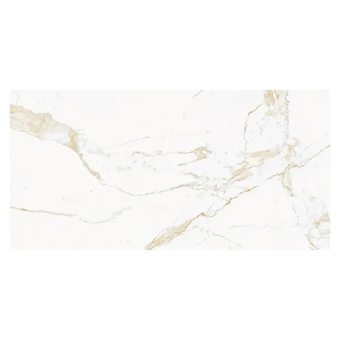 Atlas Concorde Solution Marble Vison Feinsteinzeugfliese Calacatta Caldo - 60 x 120 cm, Weiß, Glänzend - Marmorfliese in Weiß mit goldenen Adern. Elegantes Design für stilvolle Innenräume.
