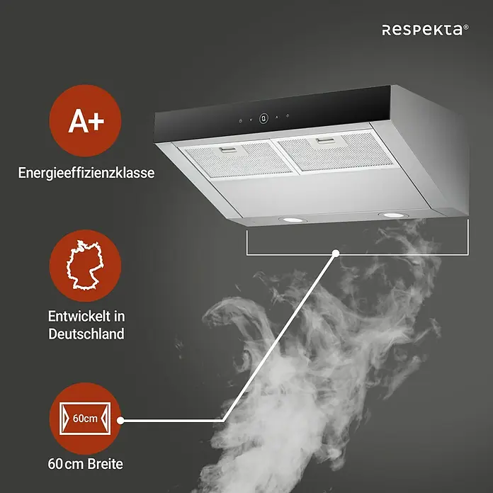 Respekta Unterbauhaube Sanja - Breite: 59,8 cm, Max. Gebläseleistung Abluftbetrieb: 406 m³/h, Edelstahl - Dunstabzugshaube von Respekta, Energieeffizienzklasse A+, entwickelt in Deutschland und 60cm breit.