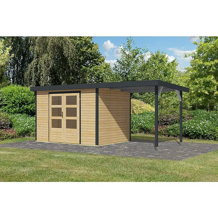 Karibu Gartenhaus Jupiter 4 A - Außenmaß inkl. Dachüberstand (B x T): 541,5 x 236,5 cm, Holz, Naturbelassen/Anthrazit, Mit Seitendach - Ein modernes Gartenhaus mit Flachdach und integriertem Carport bietet stilvollen Stauraum und Schutz für Fahrzeuge oder Gartengeräte.