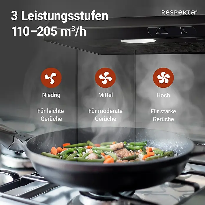 Respekta Unterbauhaube Suna - Breite: 60 cm, Max. Gebläseleistung Abluftbetrieb: 205 m³/h, Schwarz - Das Bild zeigt eine Respekta Dunstabzugshaube mit drei Leistungsstufen (110-205 m³/h) über einer Pfanne mit Gemüse.