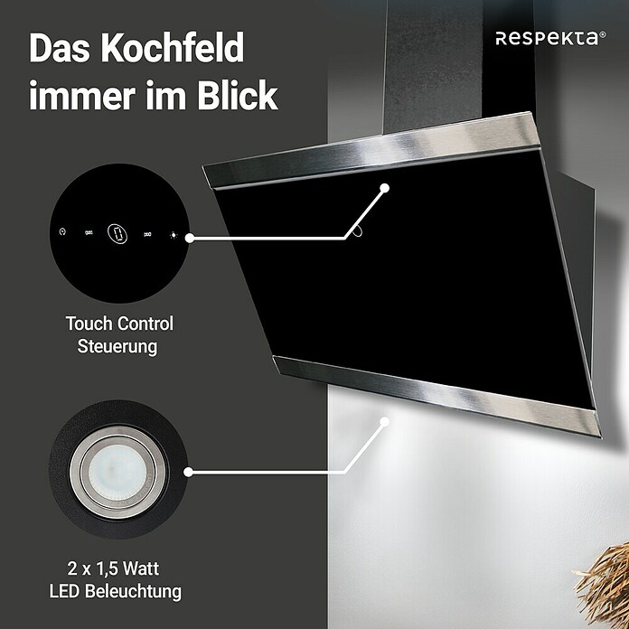 Respekta Schräghaube Skala (Breite: 59,5 cm, Max. Gebläseleistung Abluftbetrieb: 490,6 m³/h, Schwarz/Silber) | BAUHAUS