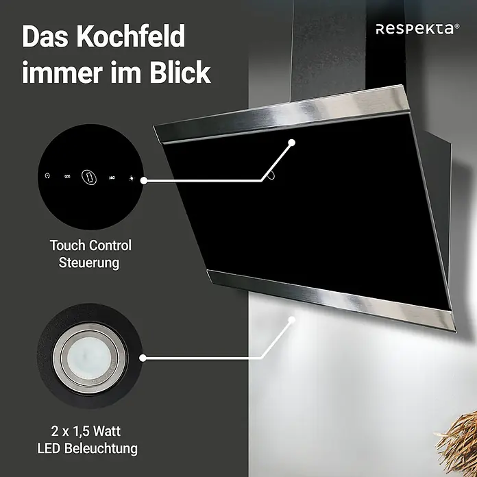 Respekta Schräghaube Skala - Breite: 89,5 cm, Max. Gebläseleistung Abluftbetrieb: 490,6 m³/h, Schwarz - Das Bild zeigt eine moderne Dunstabzugshaube mit Touch-Bedienfeld und LED-Beleuchtung, die für einen klaren Blick auf das Kochfeld sorgt.