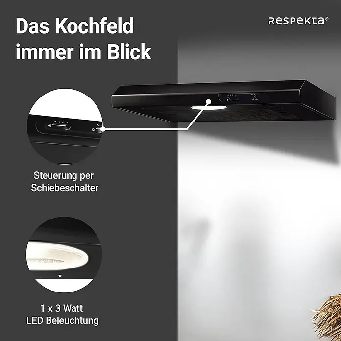 Respekta Unterbauhaube Suna - Breite: 60 cm, Max. Gebläseleistung Abluftbetrieb: 205 m³/h, Schwarz - Eine Respekta Dunstabzugshaube in Schwarz, die das Kochfeld optimal ausleuchtet und per Schiebeschalter bedient wird.
