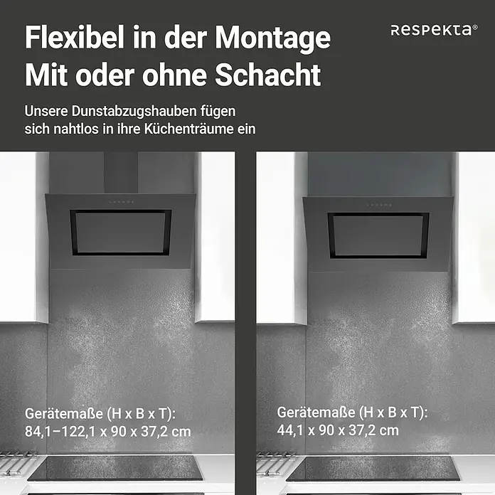 Respekta Schräghaube Nele - Breite: 90 cm, Max. Gebläseleistung Abluftbetrieb: 502,6 m³/h, Blacksteel - Respekta Dunstabzugshaube, flexibel montierbar mit oder ohne Schacht. Die Haube fügt sich nahtlos in jede Küche ein.
