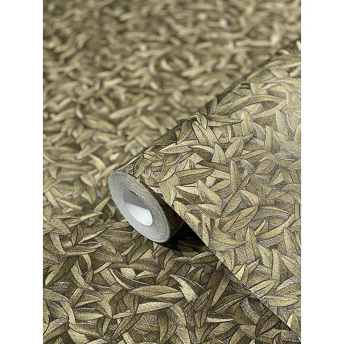 Glööckler Pompöös Provence Vliestapete Basic - Gold, Floral, 10,05 x 0,7 m - Nahaufnahme einer Rolle Blättertapete in Goldtönen, die ein elegantes und natürliches Design für die Wandgestaltung bietet.