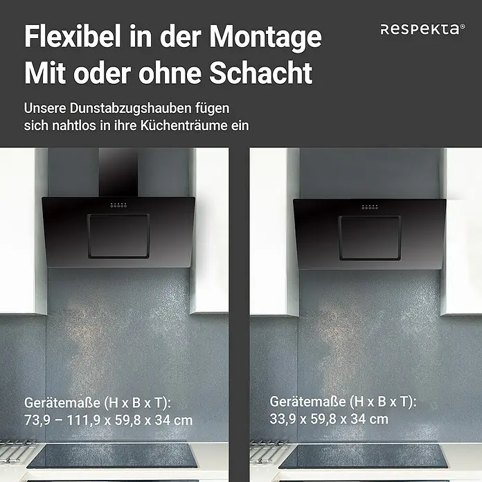 Respekta Schräghaube Svea - Breite: 89,8 cm, Max. Gebläseleistung Abluftbetrieb: 377 m³/h, Schwarz - Produktabbildung von Respekta Dunstabzugshauben in zwei verschiedenen Höhen, flexibel montierbar, mit oder ohne Schacht.