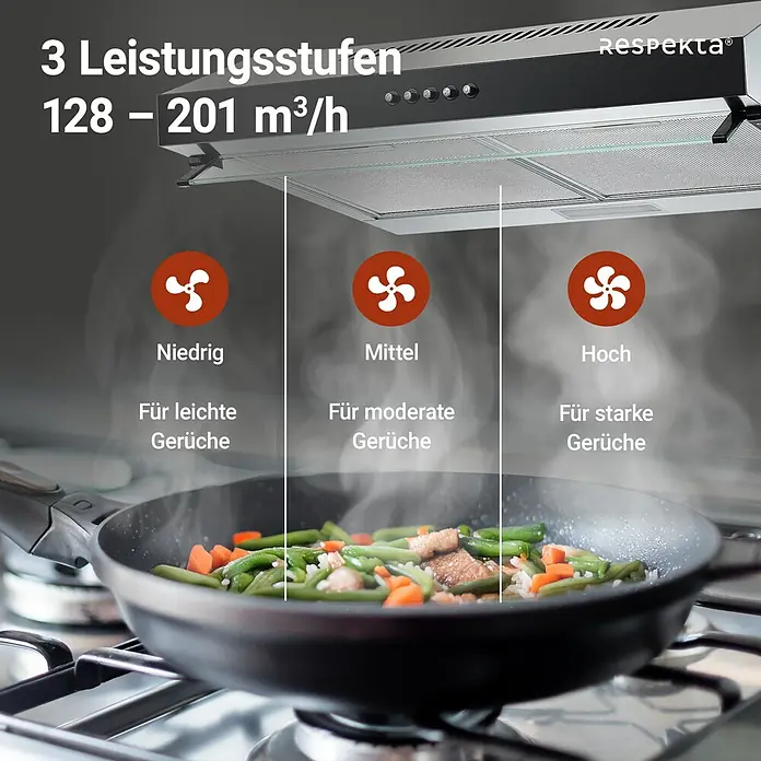 Respekta Unterbauhaube Lili - Breite: 60 cm, Max. Gebläseleistung Abluftbetrieb: 200,9 m³/h, Edelstahl - Dunstabzugshaube Respekta mit drei Leistungsstufen zur Beseitigung von leichten bis starken Küchengerüchen.