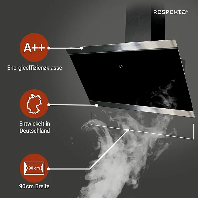 Respekta Schräghaube Skala - Breite: 89,5 cm, Max. Gebläseleistung Abluftbetrieb: 490,6 m³/h, Schwarz - Abzugshaube der Marke Respekta mit Energieeffizienzklasse A++, entwickelt in Deutschland und 90 cm breit.