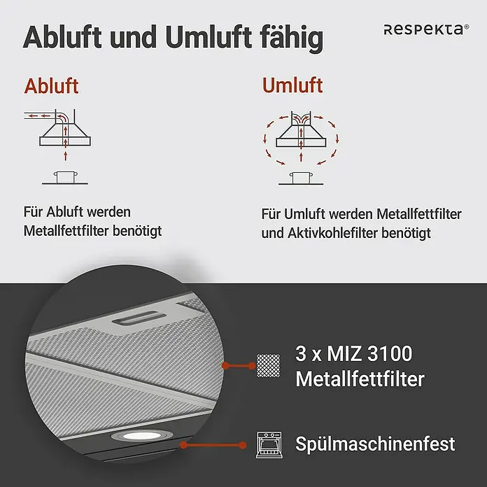 Respekta Inselhaube Cara - Breite: 89,5 cm, Max. Gebläseleistung Abluftbetrieb: 561,7 m³/h, Schwarz - Die Respekta Dunstabzugshaube ist sowohl für Abluft- als auch für Umluftbetrieb geeignet. Mit Metallfettfiltern und Aktivkohlefiltern.