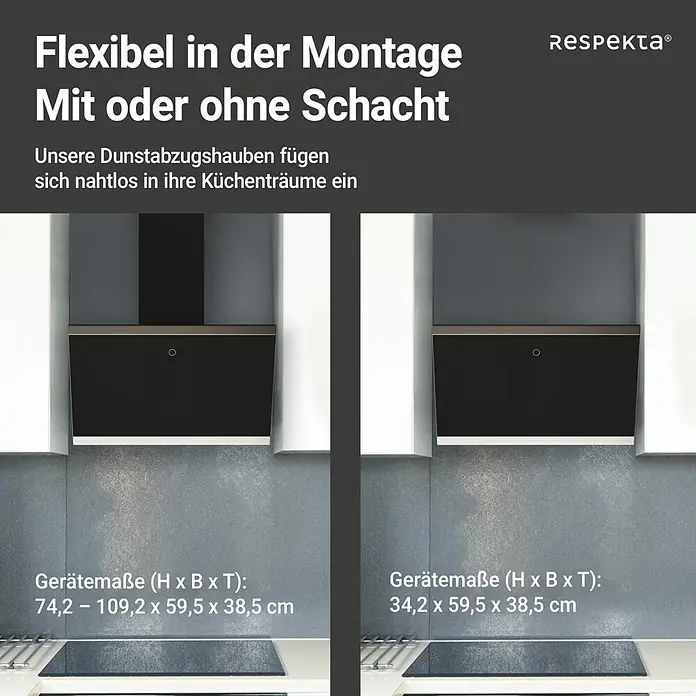 Respekta Schräghaube Skala - Breite: 59,5 cm, Max. Gebläseleistung Abluftbetrieb: 490,6 m³/h, Schwarz/Silber - Das Bild zeigt zwei Dunstabzugshauben von Respekta, eine mit und eine ohne Schacht, mit Größenangaben.