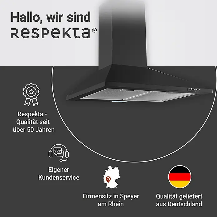 Respekta Kaminhaube Karena - Breite: 60 cm, Max. Gebläseleistung Abluftbetrieb: 308,8 m³/h, Schwarz - Schwarze Respekta Dunstabzugshaube mit Firmenlogo, Qualitätssiegel und Hinweis auf Kundenservice und Herstellungsort in Deutschland.