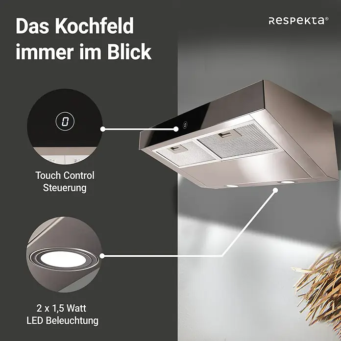 Respekta Unterbauhaube Sanja - Breite: 59,8 cm, Max. Gebläseleistung Abluftbetrieb: 406 m³/h, Edelstahl - Das Bild zeigt eine Dunstabzugshaube von Respekta mit Touch-Control-Steuerung und LED-Beleuchtung.