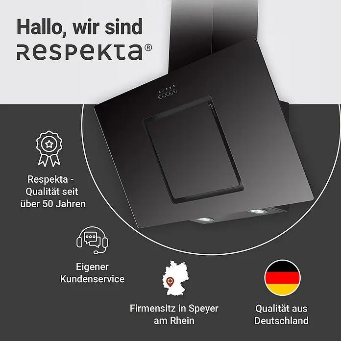 Respekta Schräghaube Svea - Breite: 89,8 cm, Max. Gebläseleistung Abluftbetrieb: 377 m³/h, Schwarz - Abbildung einer Respekta Dunstabzugshaube mit Qualität seit über 50 Jahren, Kundenservice in Speyer, Qualität aus Deutschland.