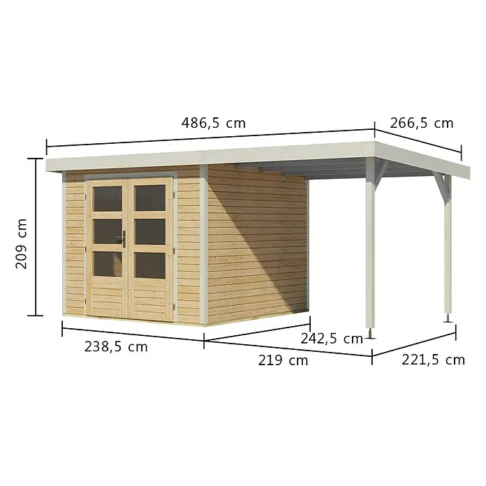 Karibu Gartenhaus Jupiter 3,5 A - Außenmaß inkl. Dachüberstand (B x T): 486,5 x 266,5 cm, Holz, Naturbelassen/Weiß, Mit Seitendach - Holzgartenhaus mit angebautem Carport. Helles Holz, weißes Dach und Stützpfosten, detaillierte Maße.