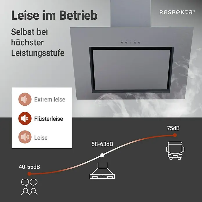 Respekta Schräghaube Numa - Breite: 60 cm, Max. Gebläseleistung Abluftbetrieb: 306,4 m³/h, Edelstahl - Geräuscharm im Betrieb: Die Dunstabzugshaube von Respekta ist selbst bei höchster Leistungsstufe leise.