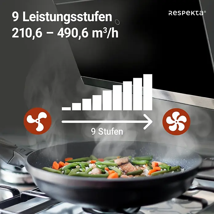 Respekta Schräghaube Skala - Breite: 89,5 cm, Max. Gebläseleistung Abluftbetrieb: 490,6 m³/h, Schwarz - Das Bild zeigt eine Dunstabzugshaube von Respekta mit 9 Leistungsstufen und einer Fördermenge von 210,6 – 490,6 m³/h.